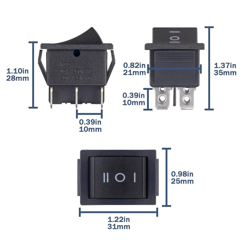 VEXUNGA KCD4 Rocker Switch 6 Pin 3 Position DPST On Off On Black Mini Boat Rocker Switch 20A 125VAC 16A 250VAC Snap-in Square Toggle Switches for Car Marine Home Appliances (Pack of 6pcs) - Image 2